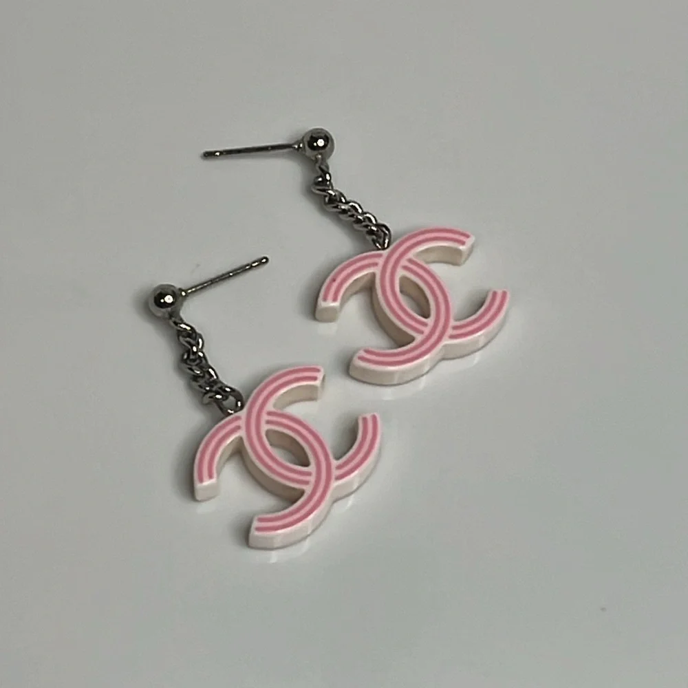CHANEL VINTAGE CRUISE PINK WHITE STRIPE LOGO EARRINGS